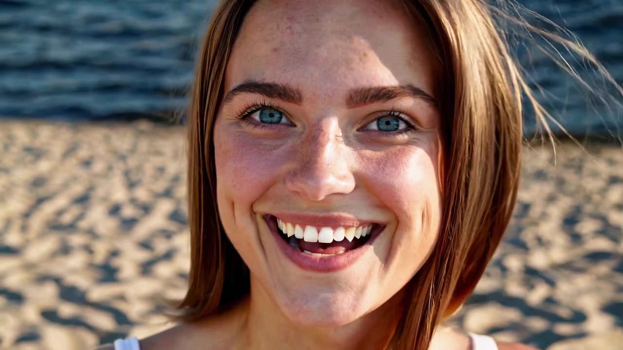 Jovem Mulher Sorrindo e Tocando o Rosto em uma Praia Ensolarada