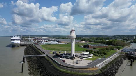 France,-Calvados,-Seine-estuary,-Pays-d'Auge,-Honfleur,-radar-tower-summer-drone-aerial