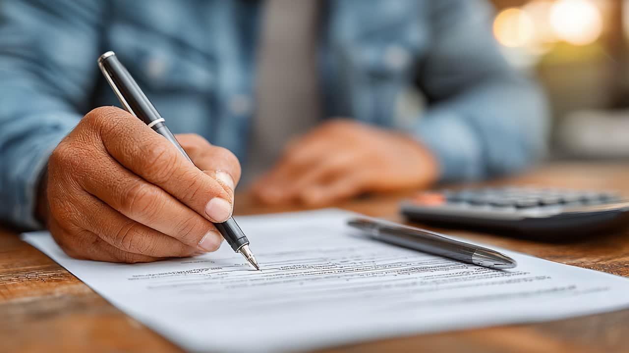 Proceso detallado de cumplimentar documentos importantes: Primer plano de escritura a mano en papel con una calculadora cerca