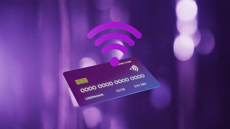 Animation-of-credit-card-with-data-over-glowing-lights-background