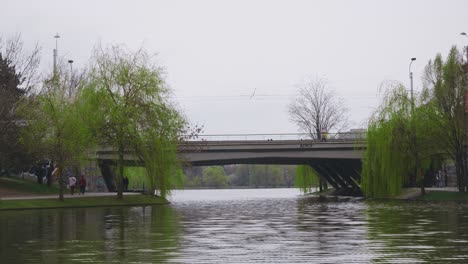 a tram passing left to right on a bridge over a lake