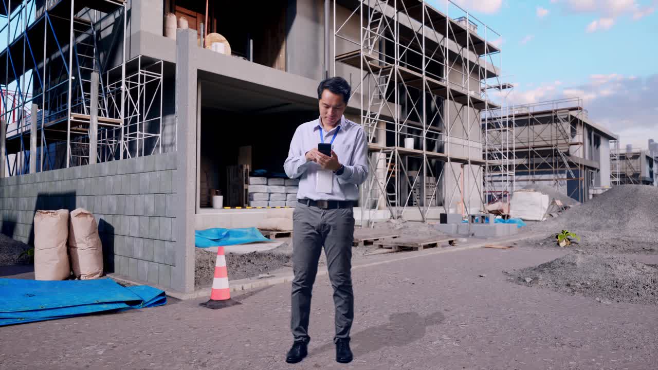 Cuerpo completo de un trabajador profesional asiático de pie con su smartphone en una obra en construcción para una nueva casa, trabajando continuamente
