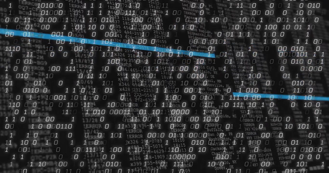 Dark screen releasing binary digits, unveiling code columns and scanning blue bars visualizing data