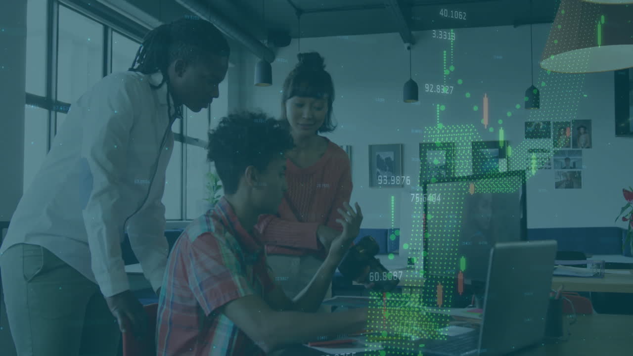 Collaborating in office, diverse team using animation for digital data visualization