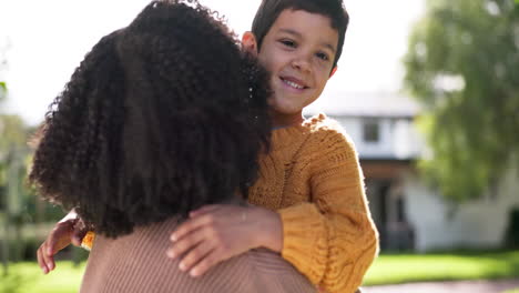 portrait of child, hug and mom with love for kid