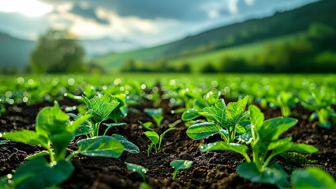 New plants thrive in green fields. Young plants grow in rich soil under a bright sky in a lush green field, showcasing nature's beauty and potential