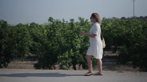 woman walking in an orange grove