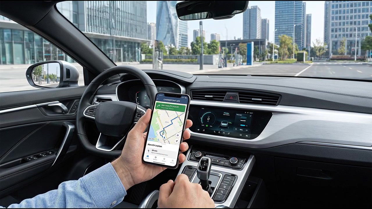 Conducente che usa l'interfaccia di navigazione dello smartphone all'interno dell'abitacolo di un veicolo moderno