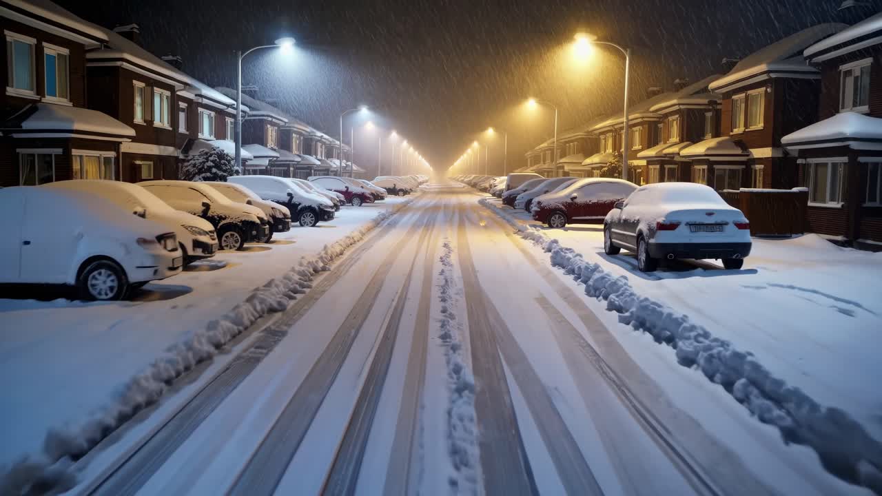 Snowy street at night