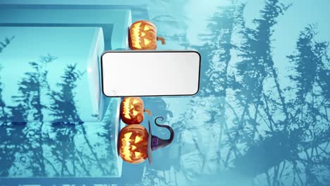 maqueta de teléfono inteligente con tres linternas de jack-o', sobre un fondo azul