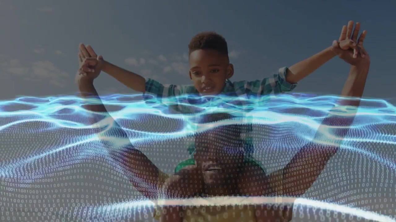 Man shouldering boy, child reaching up causing man steadying hands, blue mesh tech overlay, playing