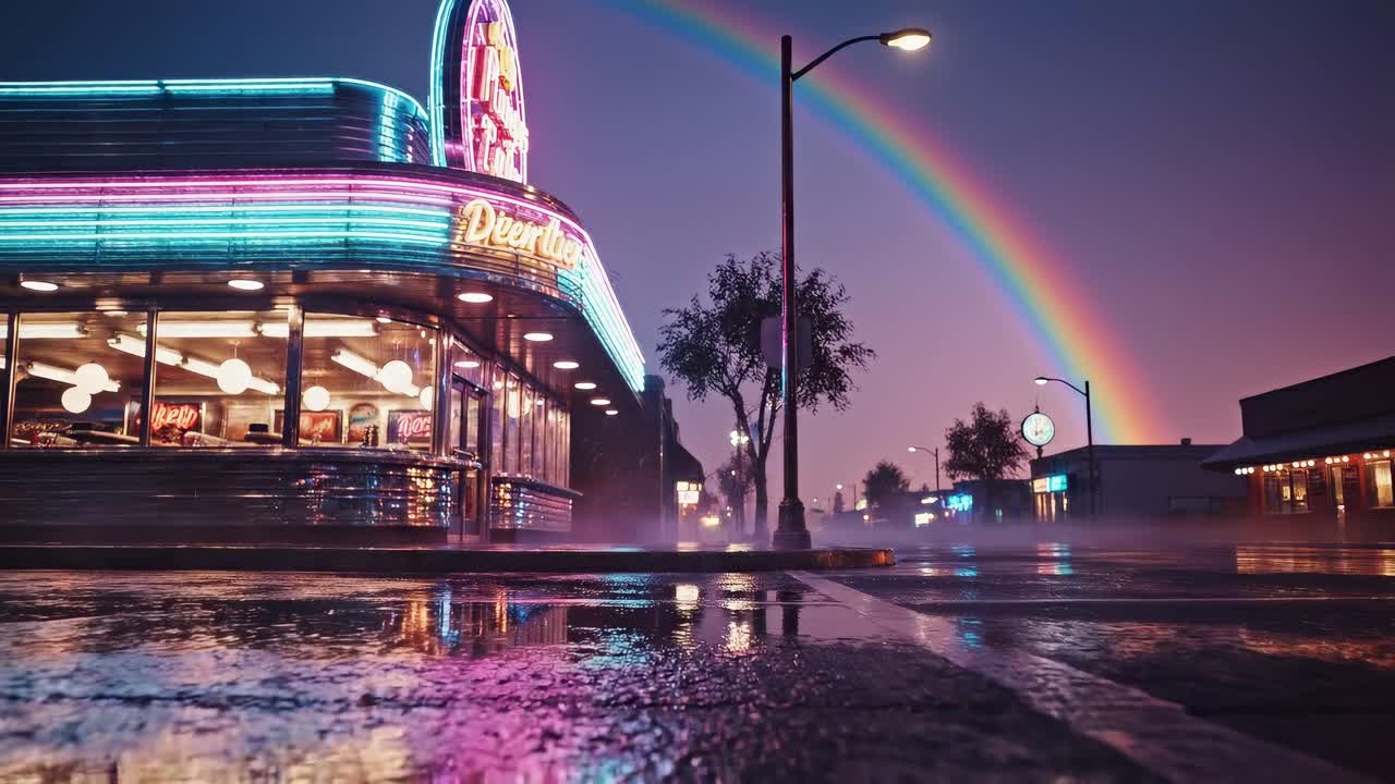 Frame de vídeo em ângulo baixo de uma lanchonete iluminada por neon à noite com um arco-íris, capturando uma vibe retrô