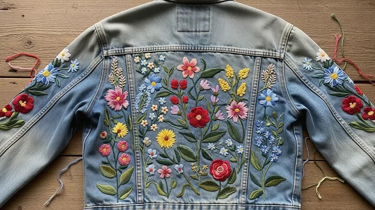 A Beautifully Embroidered Denim Jacket Showcasing a Colorful Floral Design with Vivid Flowers and Intricate Stitches, Perfect for Fashion Enthusiasts