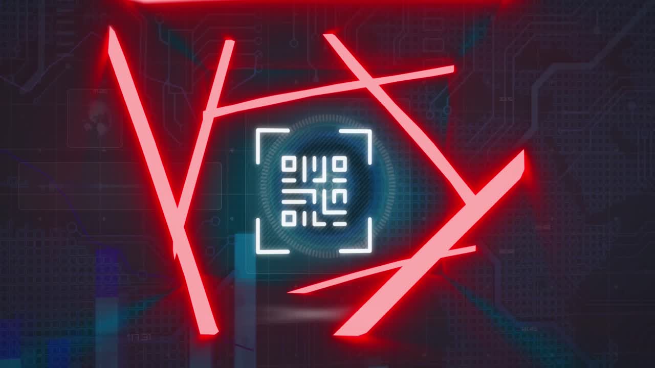 animación del código qr en patrón abstracto sobre la interfaz hud contra un fondo azul