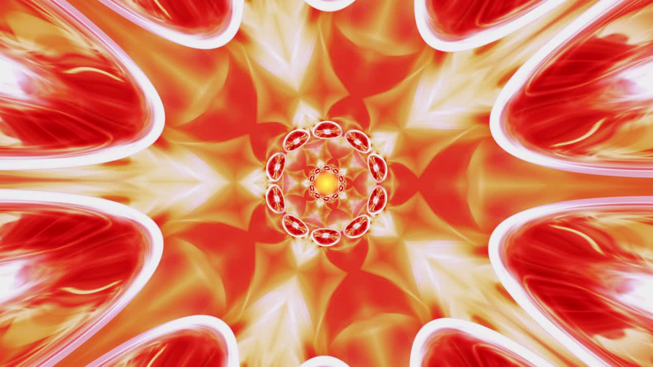 composición retro abstracta con ornamento fractal de gradiente amarillo naranja iridescente en un fondo rojo brillante. kaleidoscopio mandala de fondo sin costuras. movimiento de bucle sin costuras de 4k con diseño fractal.