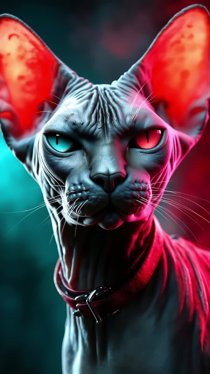 A cat with red eyes and a red collar