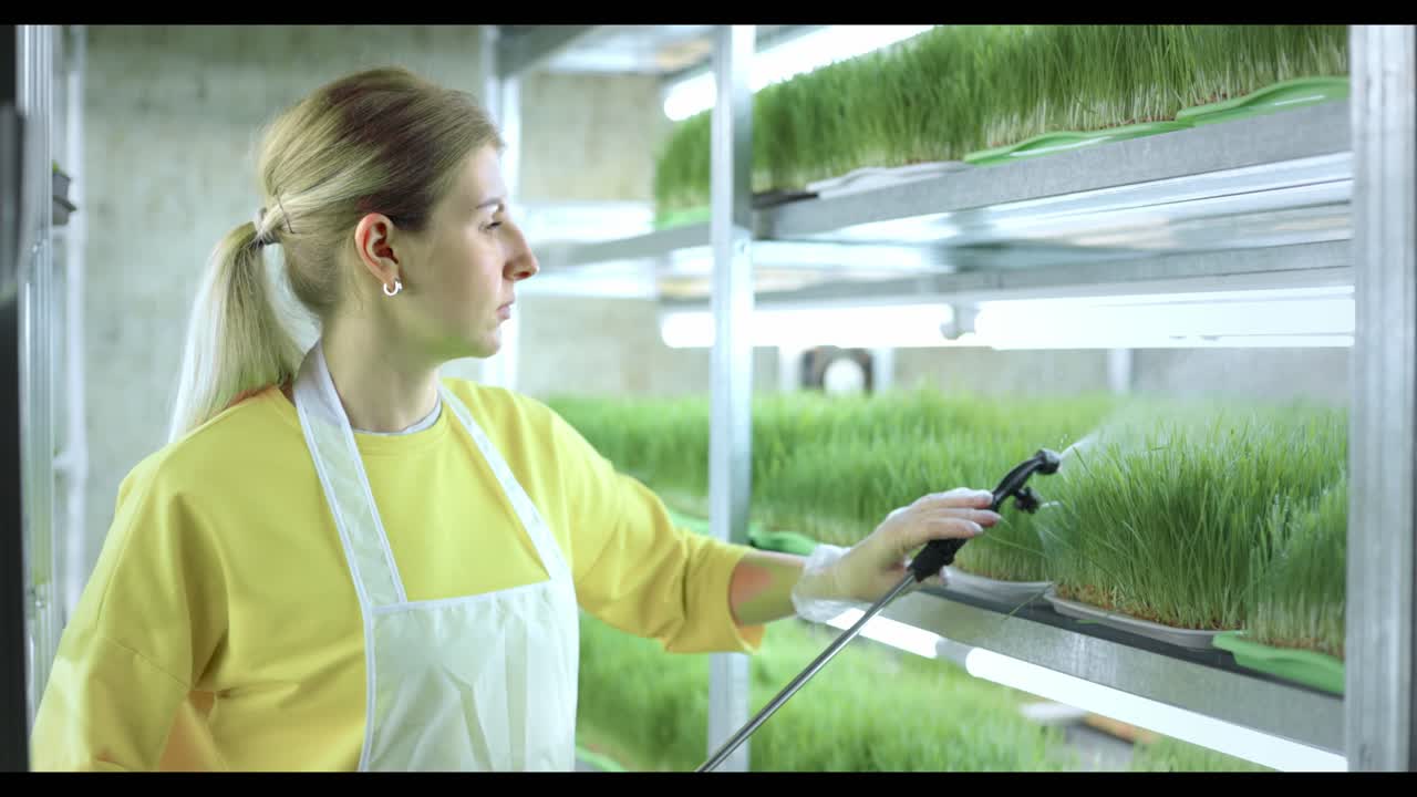 Woman Watering Microgreens in a Vertical Farm