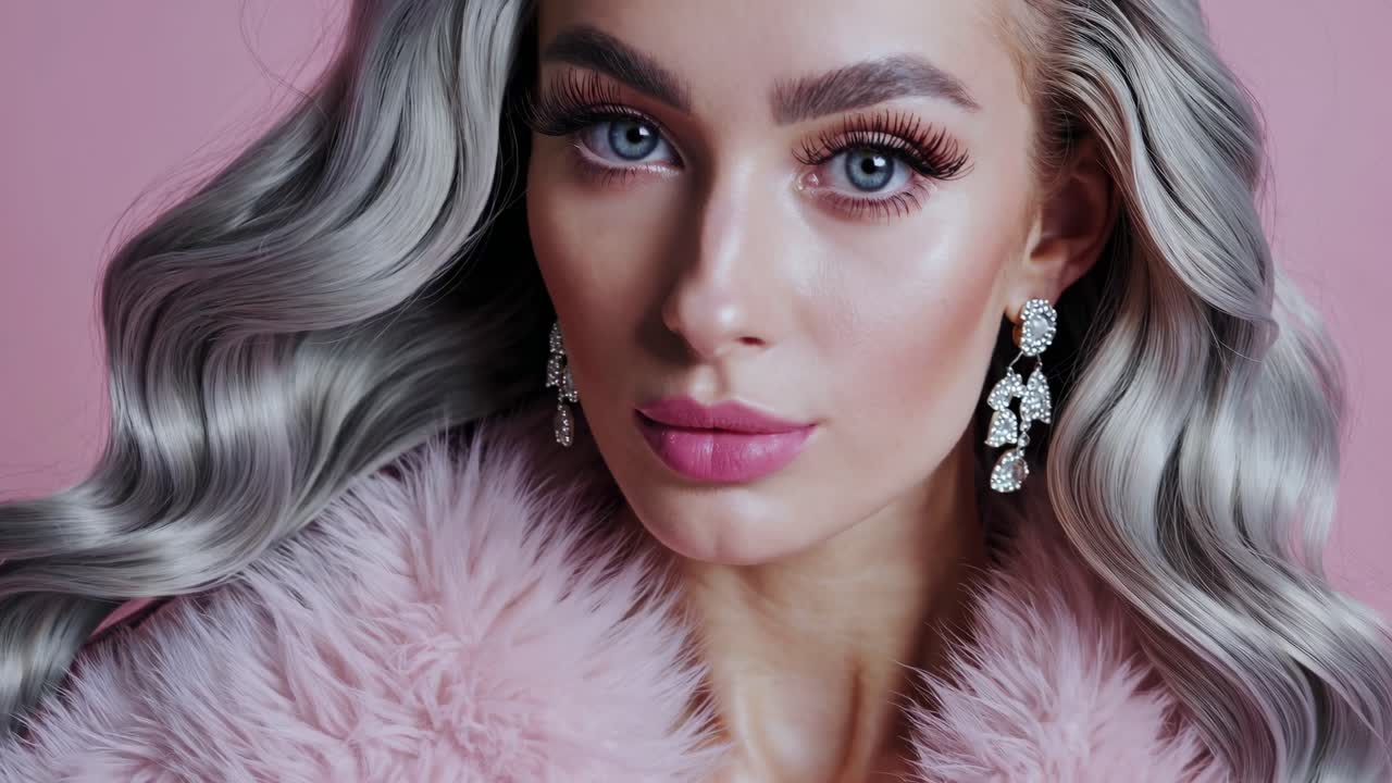 Beautiful woman exuding glamour with silver hair, wearing pink fur and sparkling diamond earrings, posing against a vibrant pink background, radiating style and elegance