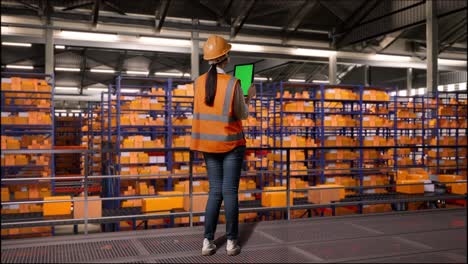 full body back view of asian female engineer with safety helmet standing in the warehouse with shelves full of delivery goods. using green screen tablet and looking around the storage