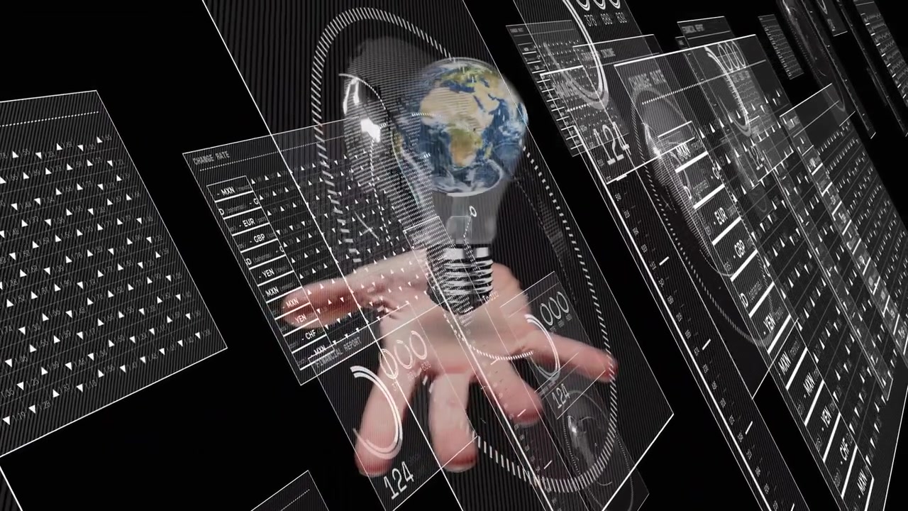 Human hand reaching upward starting 3D bulb forming globe with panels rotating showing data UI