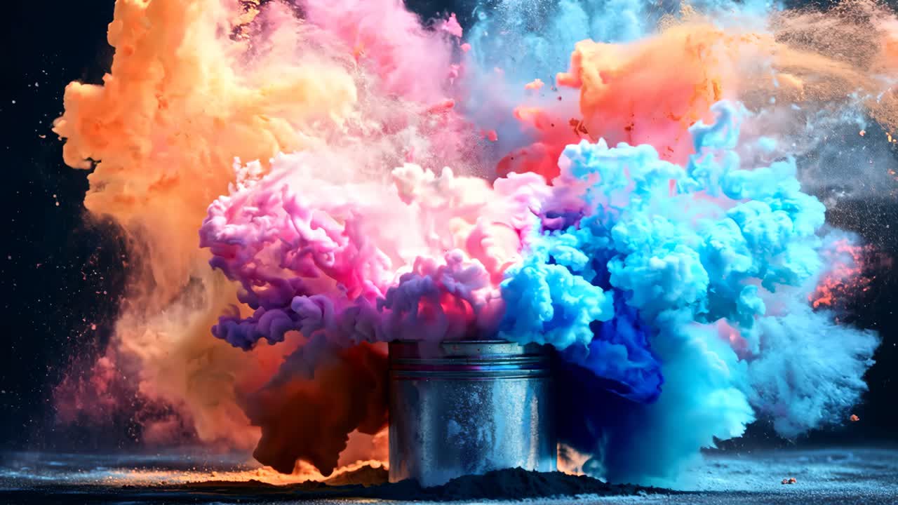 A colorful explosion of paint is in a metal container. The colors are bright and vibrant, creating a sense of energy and excitement. The scene is dynamic and visually striking