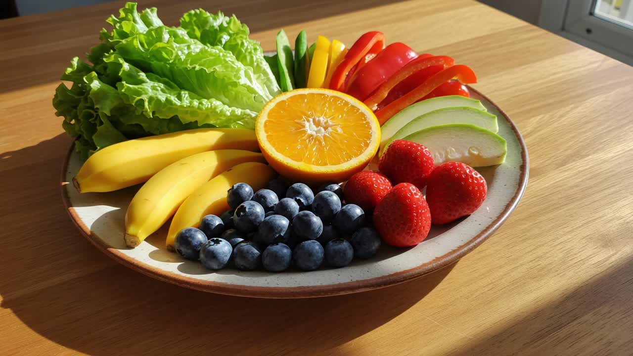 A Vibrant Display of Fresh Fruits and Vegetables on a Plate, Featuring Bananas, Lettuce, Red Peppers, Strawberries, Blueberries, Oranges, and Apples for a Healthy Diet