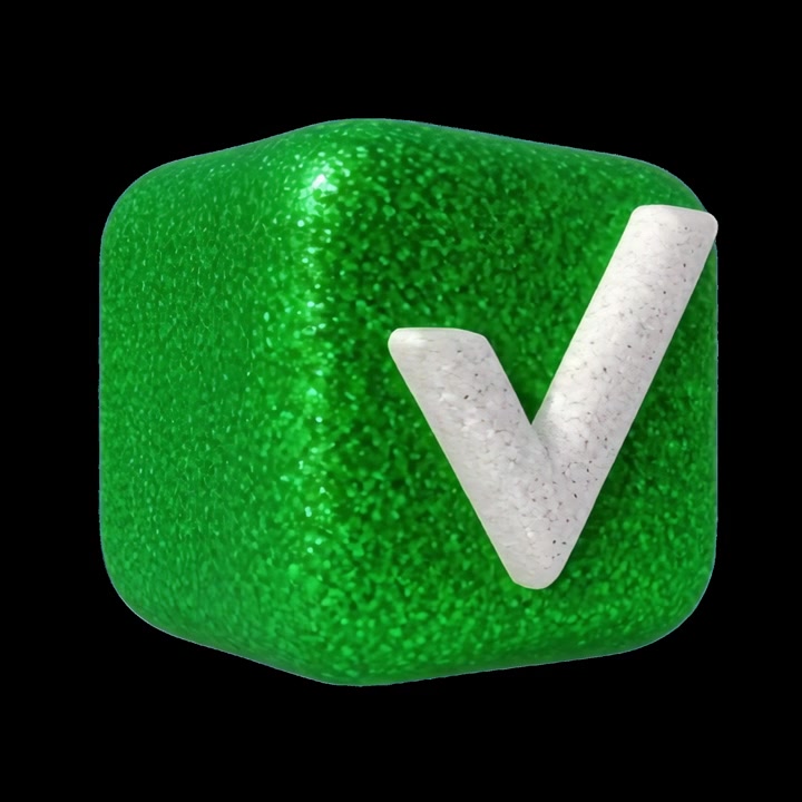 Cubo verde scintillante rotante con icona di spunta bianca