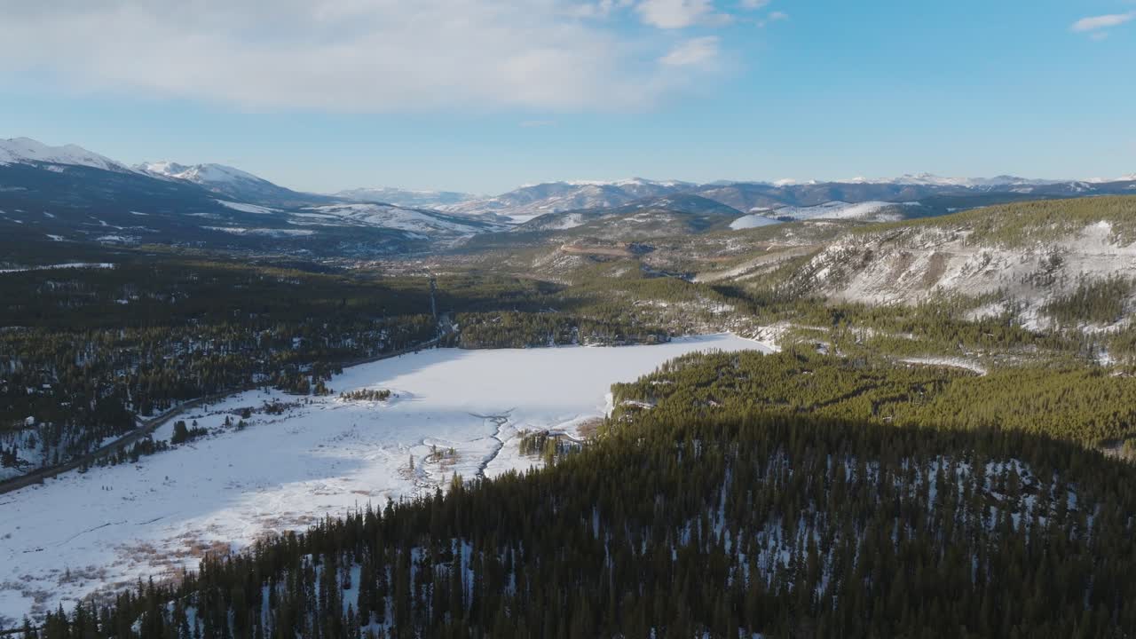 Aerial view depicting snow covered landscape featuring frozen glade in Copper Mountain in Colorado, USA.