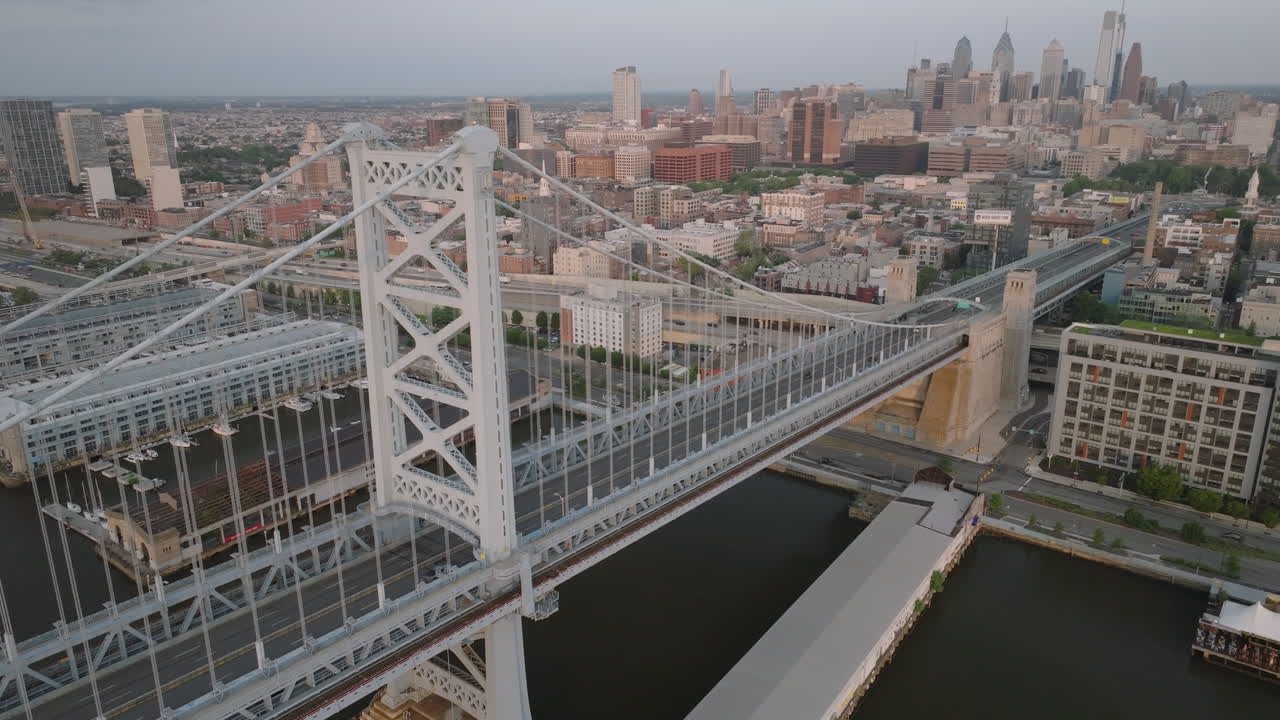 Aerial view of the Ben Franklin Bridge at sunrise. Shot in Philadelphia, Pennsylvania