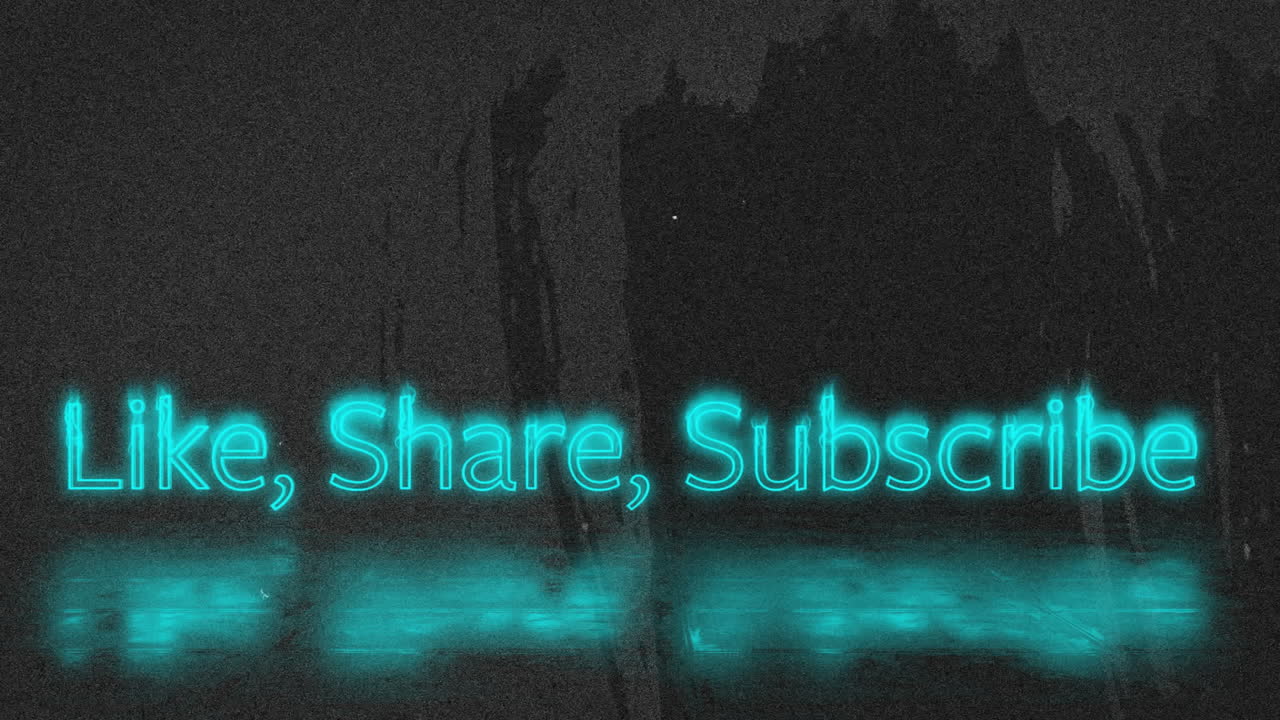 Neon animation glowing with text Like, Share, Subscribe on reflective surface