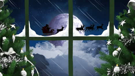 animation of winter scenery with christmas decoration seen through window