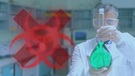 signo de peligro para la salud con científicos en el fondo del coronavirus covid-19.