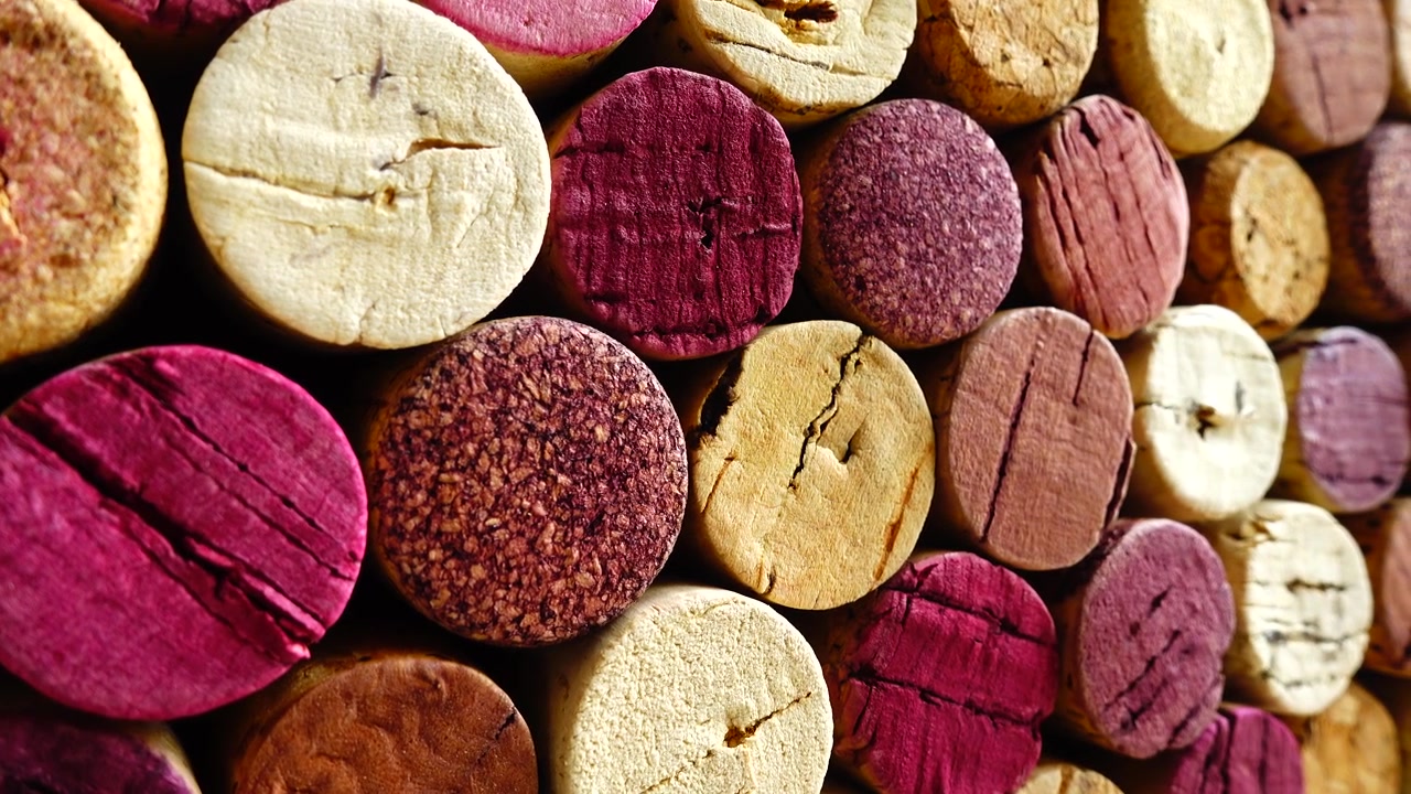 Sfondo di tappi di sughero di vino. Ripresa in movimento.