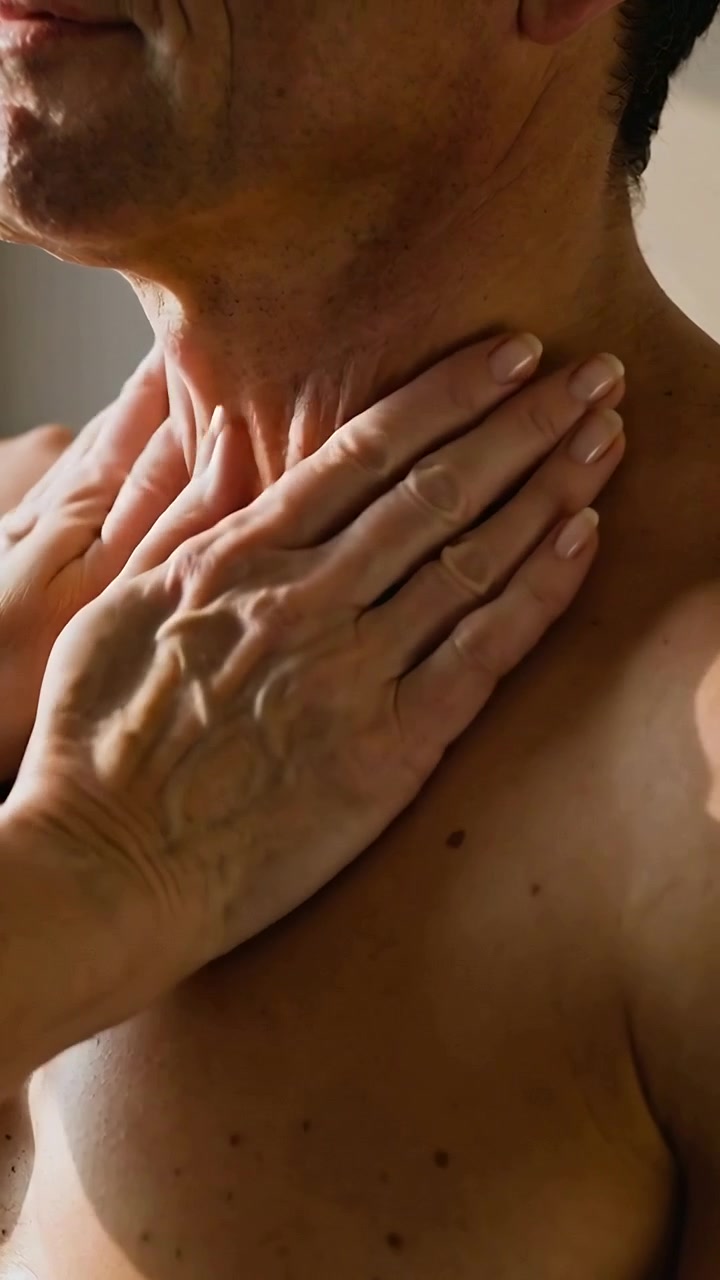 Video verticale: Mettendo le mani del partner, si massaggiano il petto nudo e le clavicole di un uomo a casa per dare conforto.