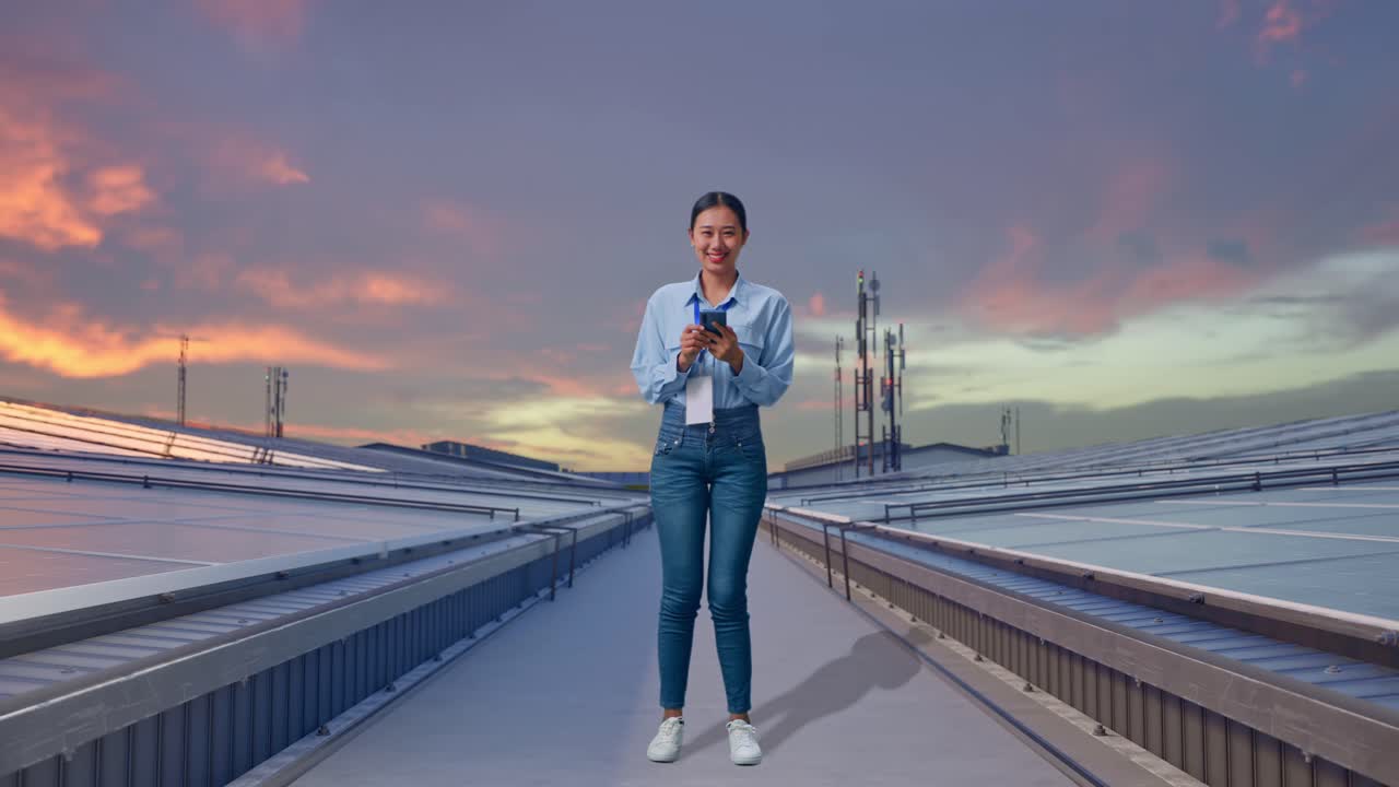 Figura intera di una donna asiatica con il suo smartphone e un sorriso, che ispeziona pannelli solari industriali sul tetto.