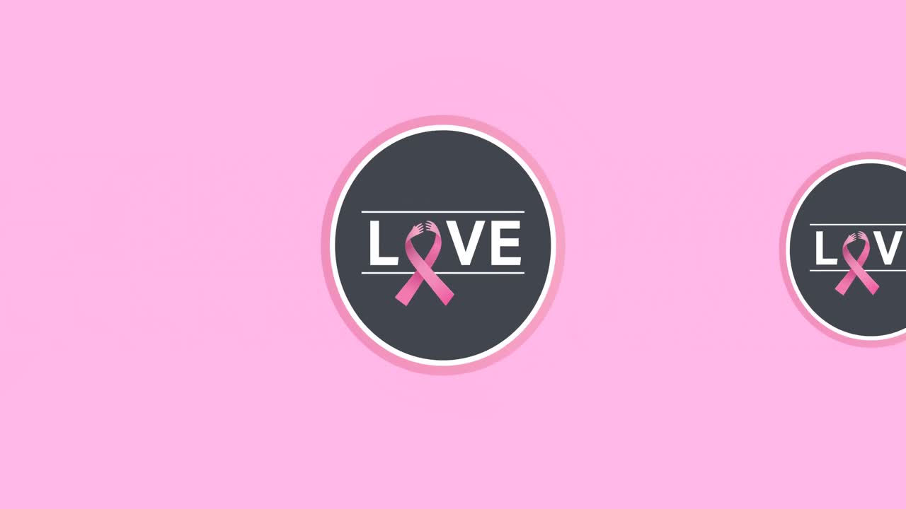 Animazione di più loghi a nastro rosa e del testo "amore" che compaiono su sfondo rosa