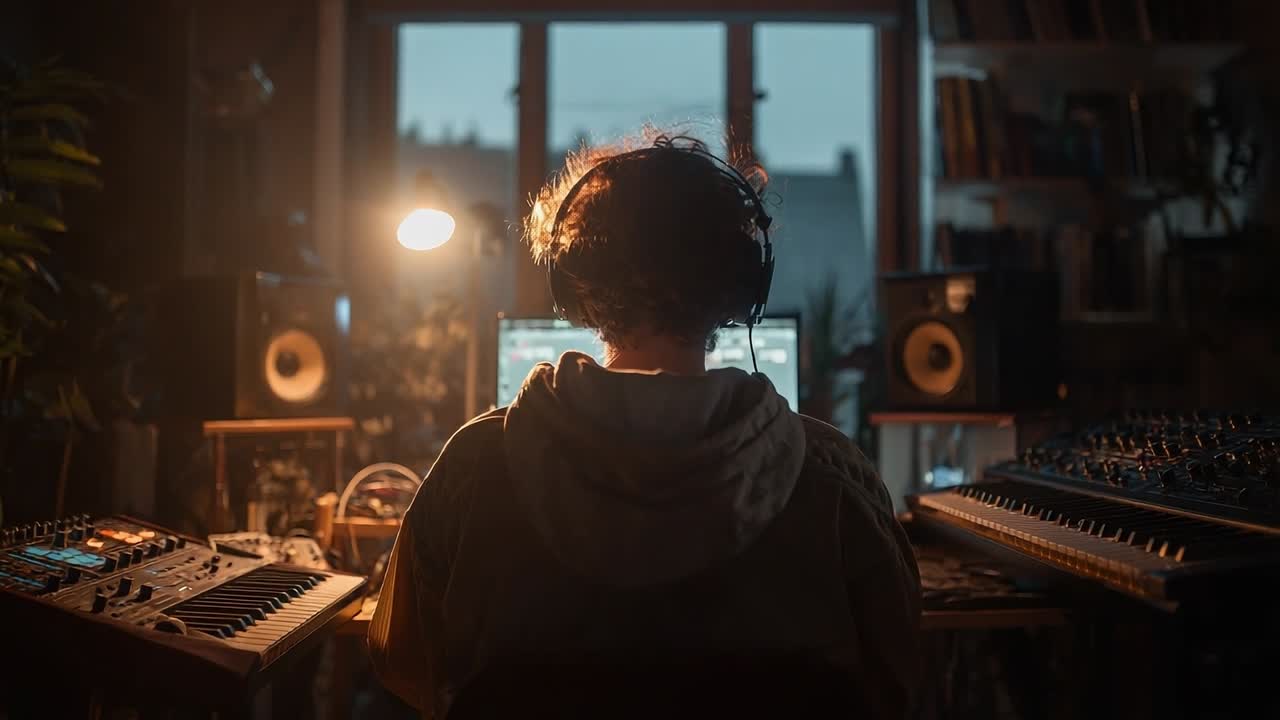 Musician creates electronic music at home studio during evening
