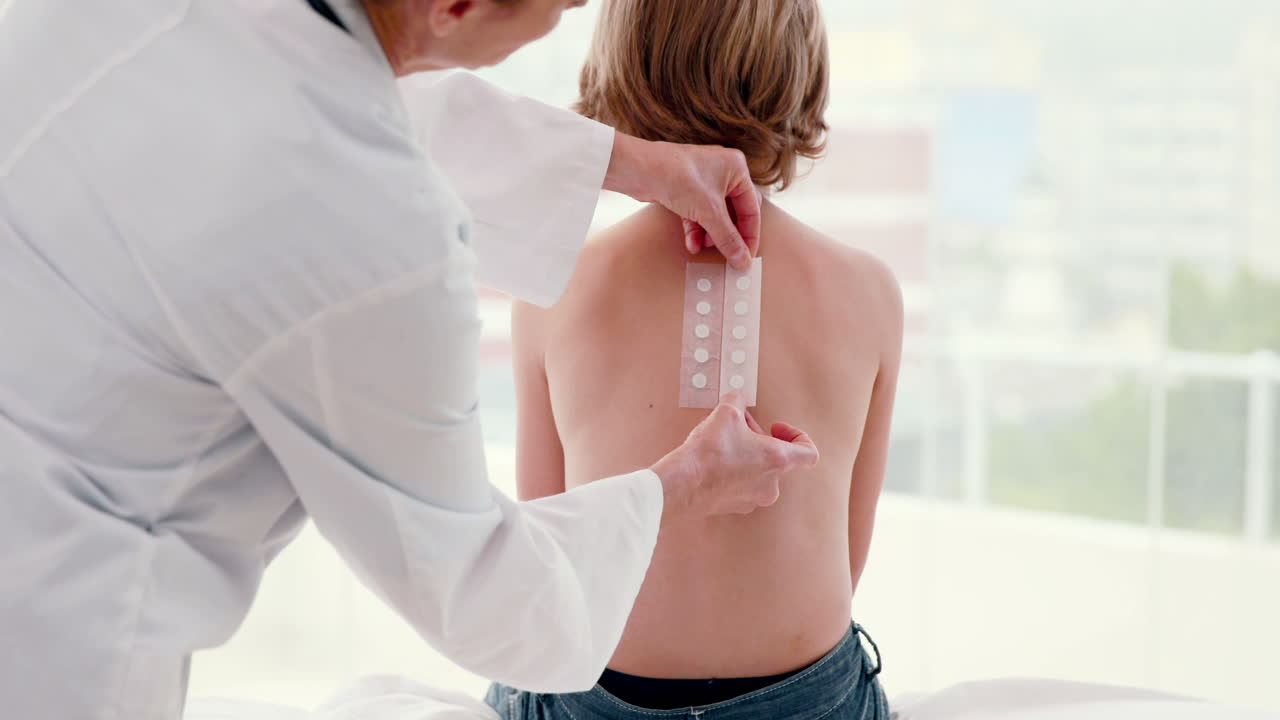 médico pegando un parche de prueba en su paciente