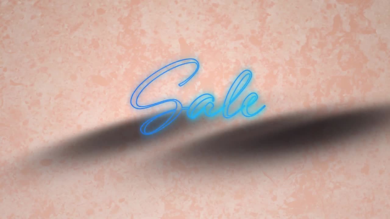 네온 파란색 판매 텍스트는 분홍색 배경에 텍스처 된 효과에 대항합니다.