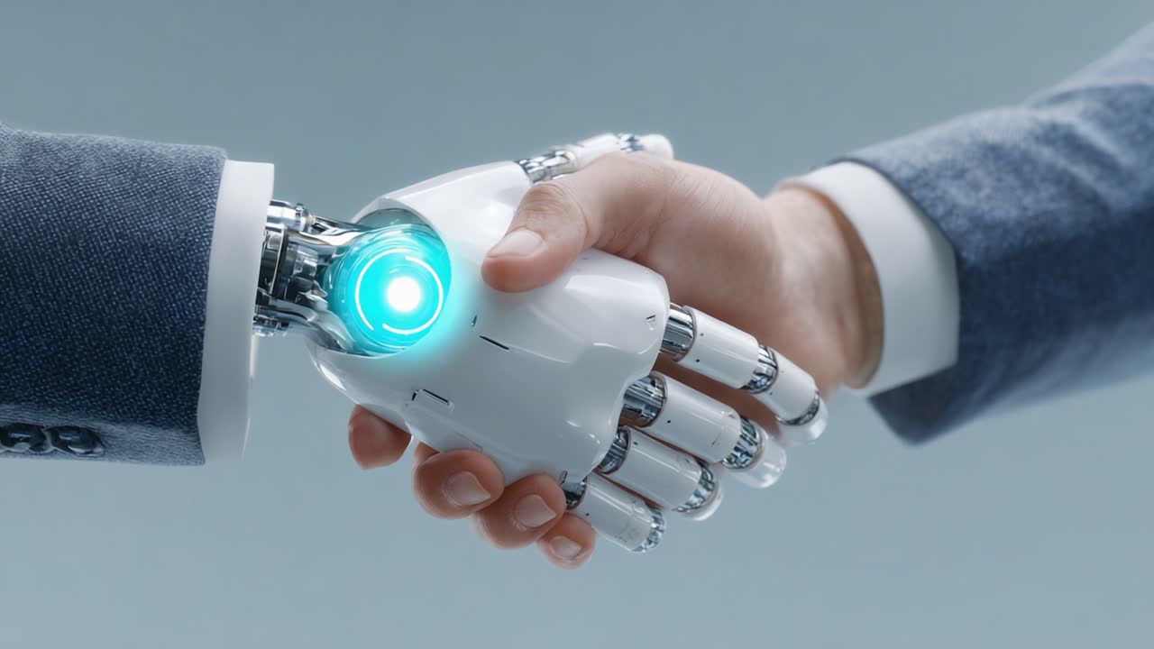 Un momento di connessione rivoluzionario: il futuro della robotica e della collaborazione uomo-macchina con una mano umana che stringe un braccio robotico high-tech
