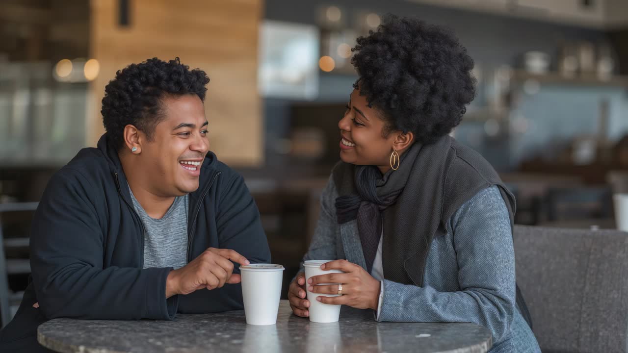 Stirring man wearing jacket, smiling woman leaning and laughing, chatting at cafe, holding cups
