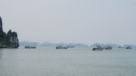 cruise ships anchored and traveling along halong bay in vietnam