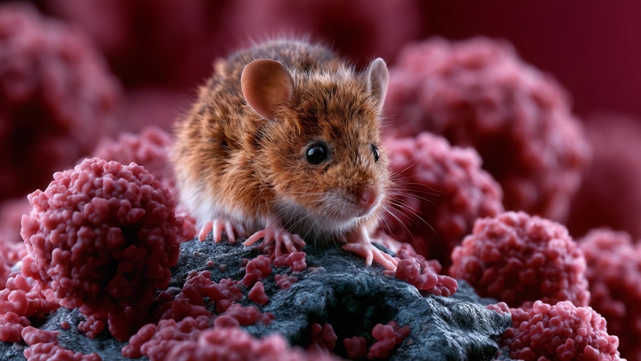 Un'esplorazione ravvicinata di un piccolo topo in mezzo a un paesaggio microbico strutturato, mostrando l'interazione intrigante tra roditori e il loro ambiente.