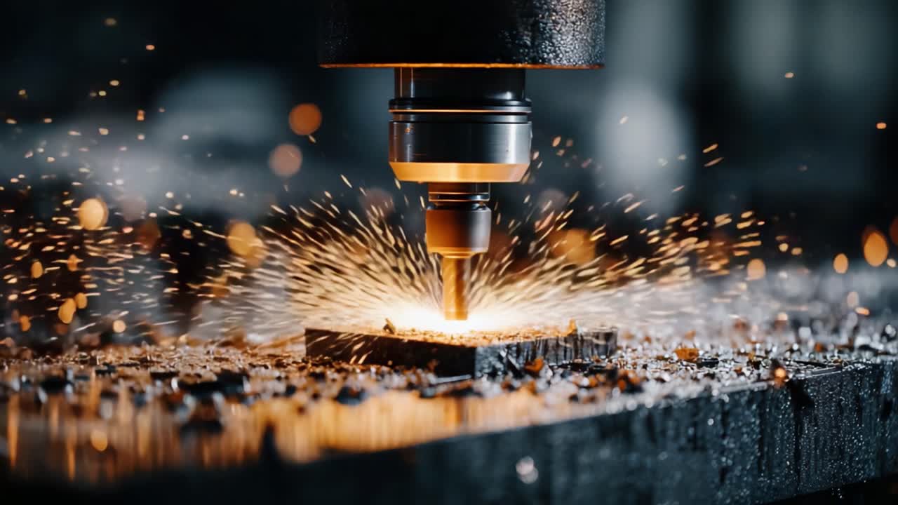 Intensiv metallbearbetningsprocess fångad i aktion: Gnistor flyger när borren möter materialet, vilket skapar ett skådespel av ingenjörsprecision och hantverksskicklighet.