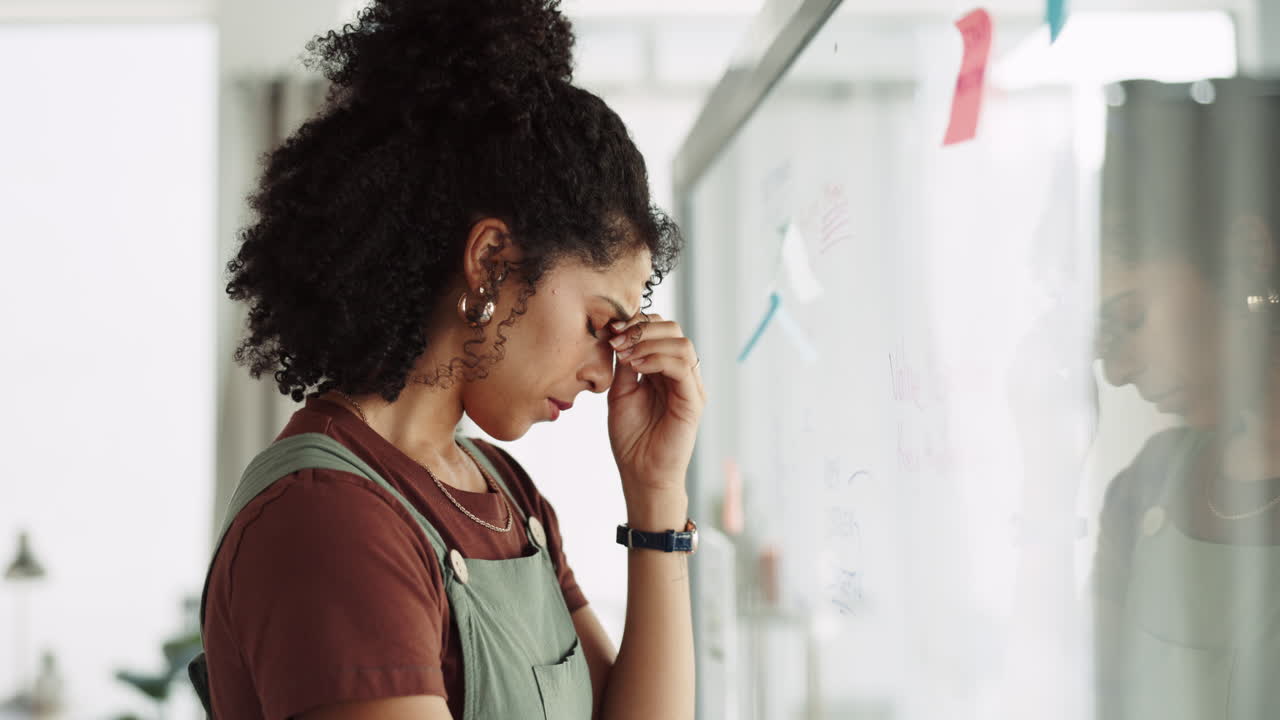 Woman, headache and stress in business