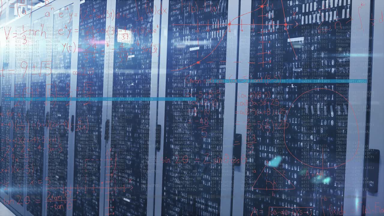 Animation of mathematical equation and lines over binary codes on data server racks