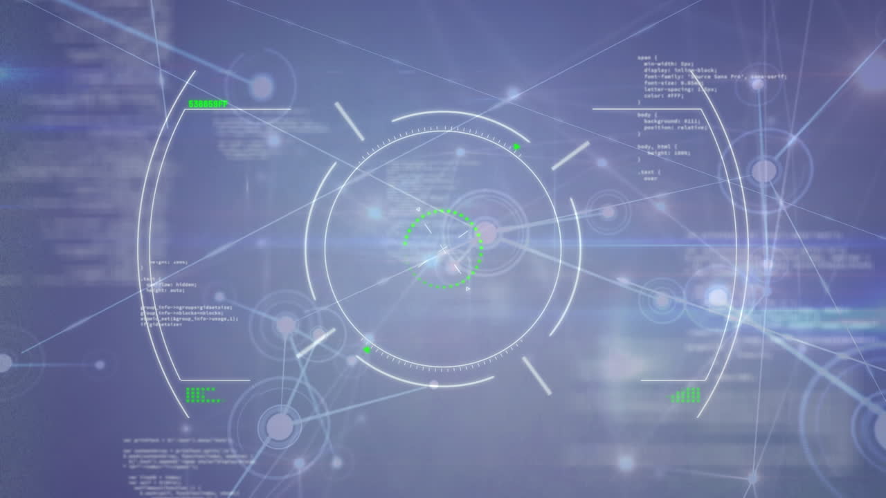 어두운 파란색 배경에 움직이는 표적의 애니메이션과 데이터 처리