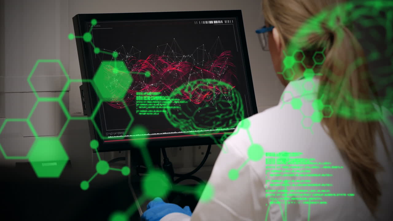 animación de lenguaje de programación, cerebro, estructura molecular y científico caucásico usando computadora