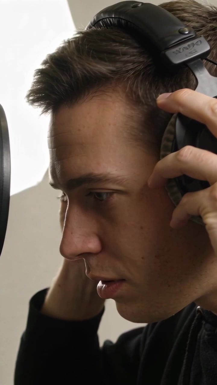 Mannlig artist tar på hodetelefoner, justerer munnen mot popfilter og mikrofon, spiller inn vokal