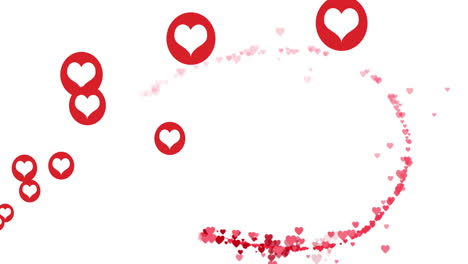 Red heart icons and small hearts animation forming curved path on white background